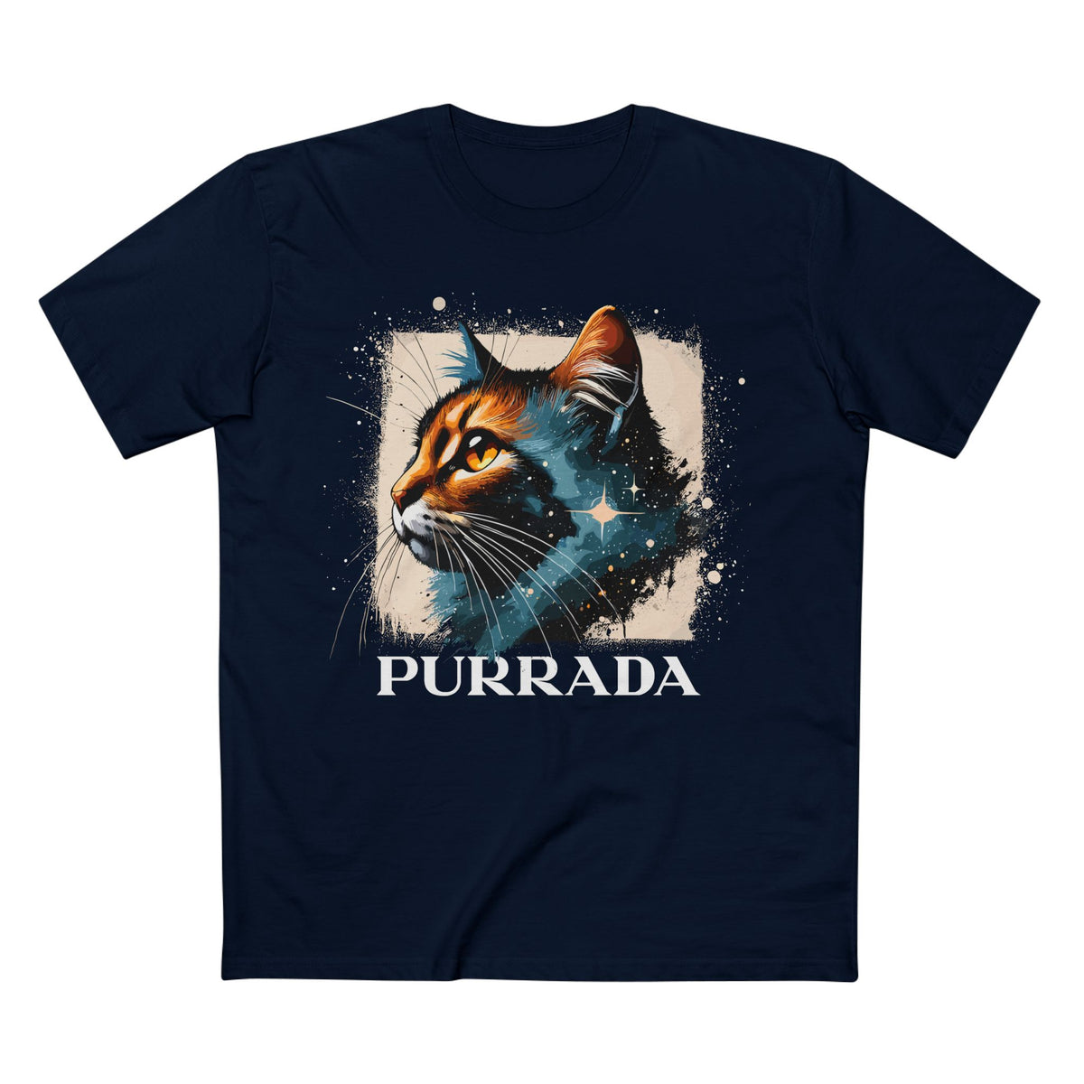 Purrada Cosmic Gaze Cat Graphic Designer T-Shirt in navy, front view