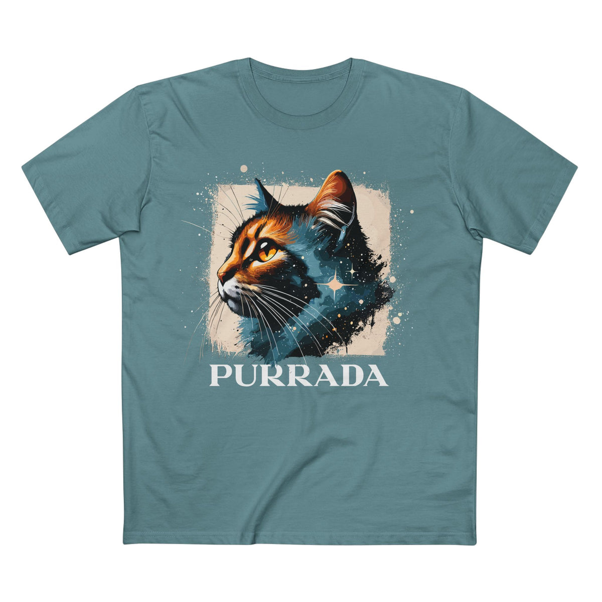 Purrada Cosmic Gaze Cat Graphic Designer T-Shirt in slate blue, front view