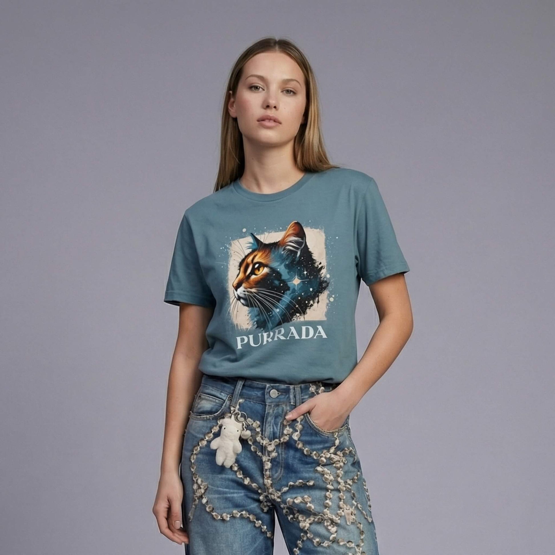 Purrada Cosmic Gaze graphic cat tee by Mad Cat Cartel in black worn by woman model, cool gift for cat lovers