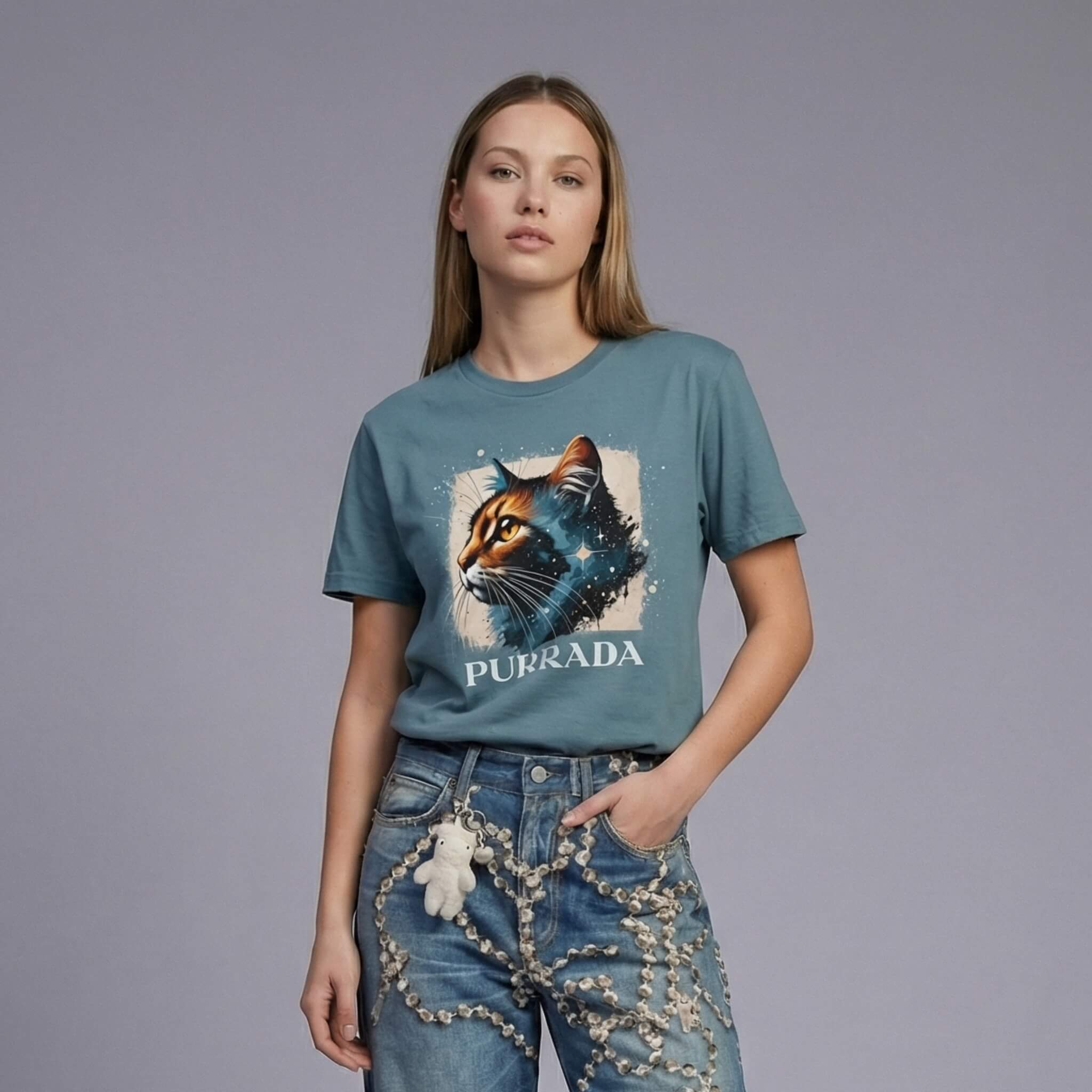 Purrada Cosmic Gaze graphic cat tee by Mad Cat Cartel in black worn by woman model, cool gift for cat lovers