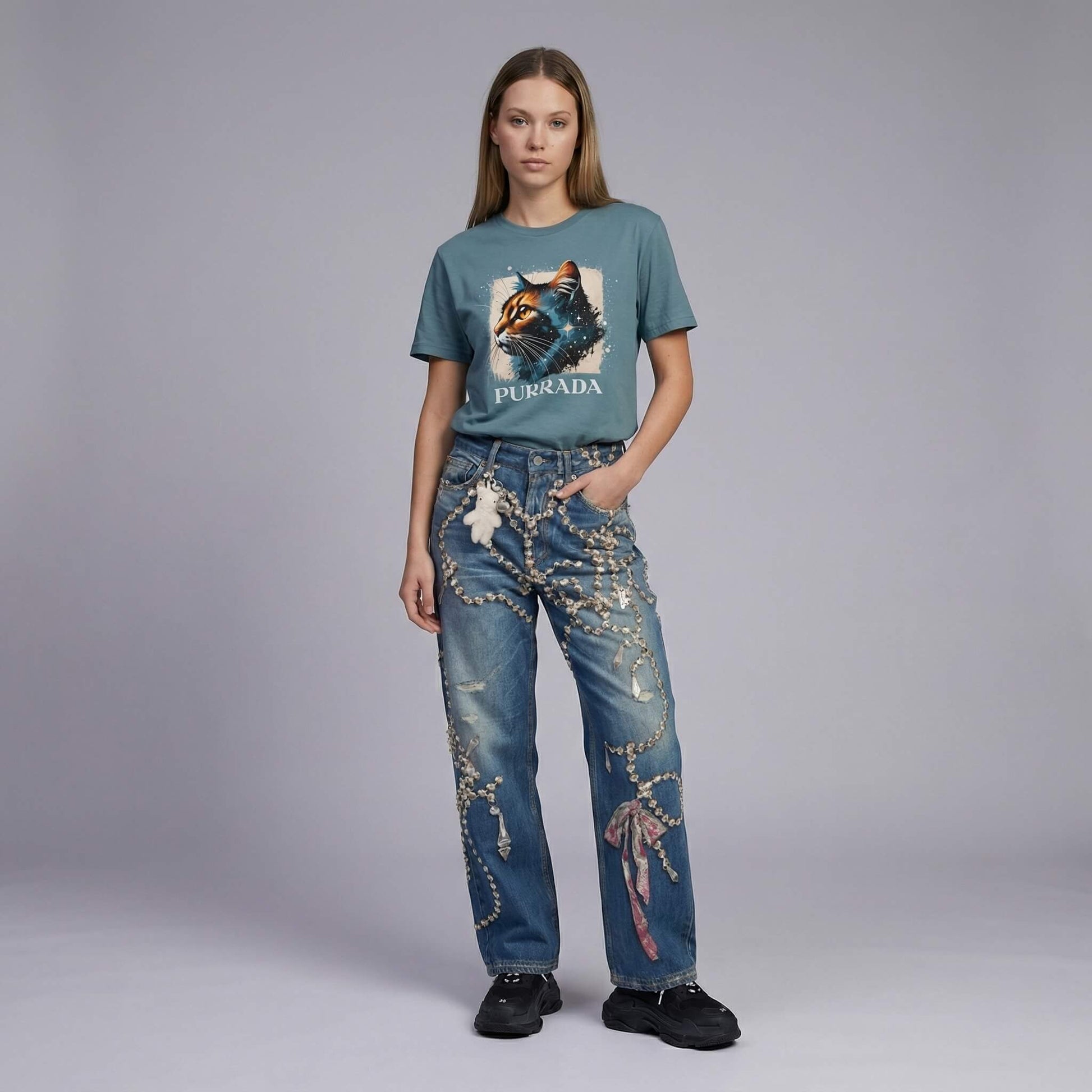 Purrada Cosmic Gaze unisex cat tee by Mad Cat Cartel in slate blue worn by woman model with hand in pocket