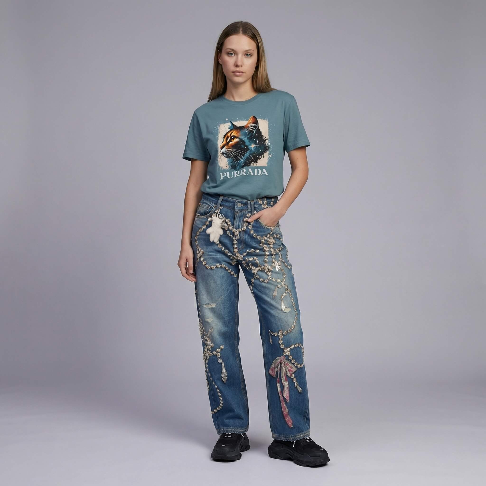 Purrada Cosmic Gaze unisex cat tee by Mad Cat Cartel in slate blue worn by woman model with hand in pocket