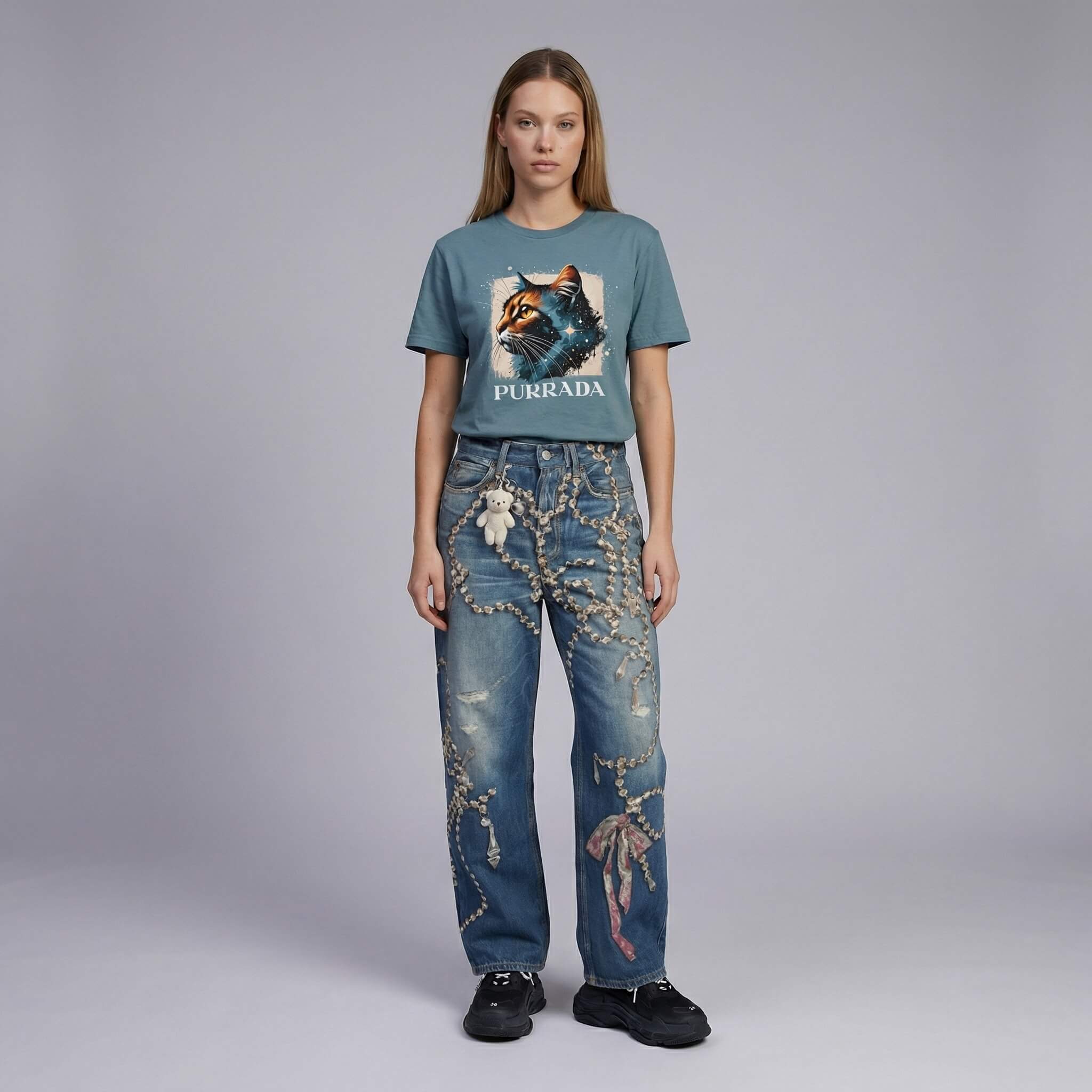 Purrada Cosmic Gaze graphic cat shirt by Mad Cat Cartel in slate blue worn by woman model