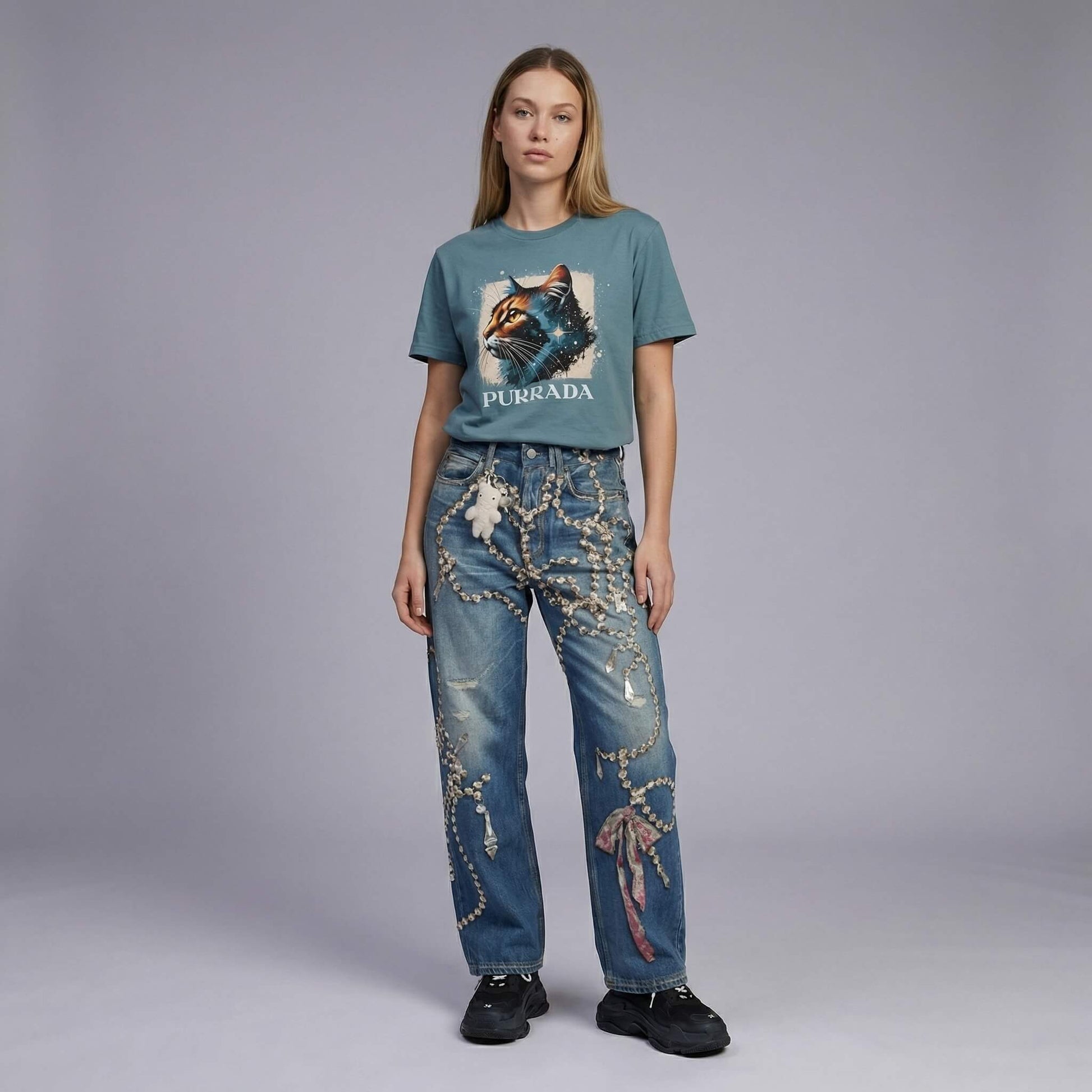 Purrada Cosmic Gaze cat tee for cat lovers by Mad Cat Cartel in slate blue worn by woman model full body