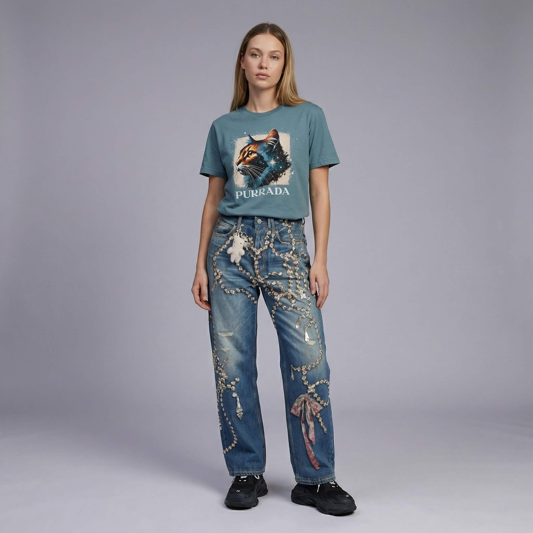 Purrada Cosmic Gaze cat tee for cat lovers by Mad Cat Cartel in slate blue worn by woman model full body