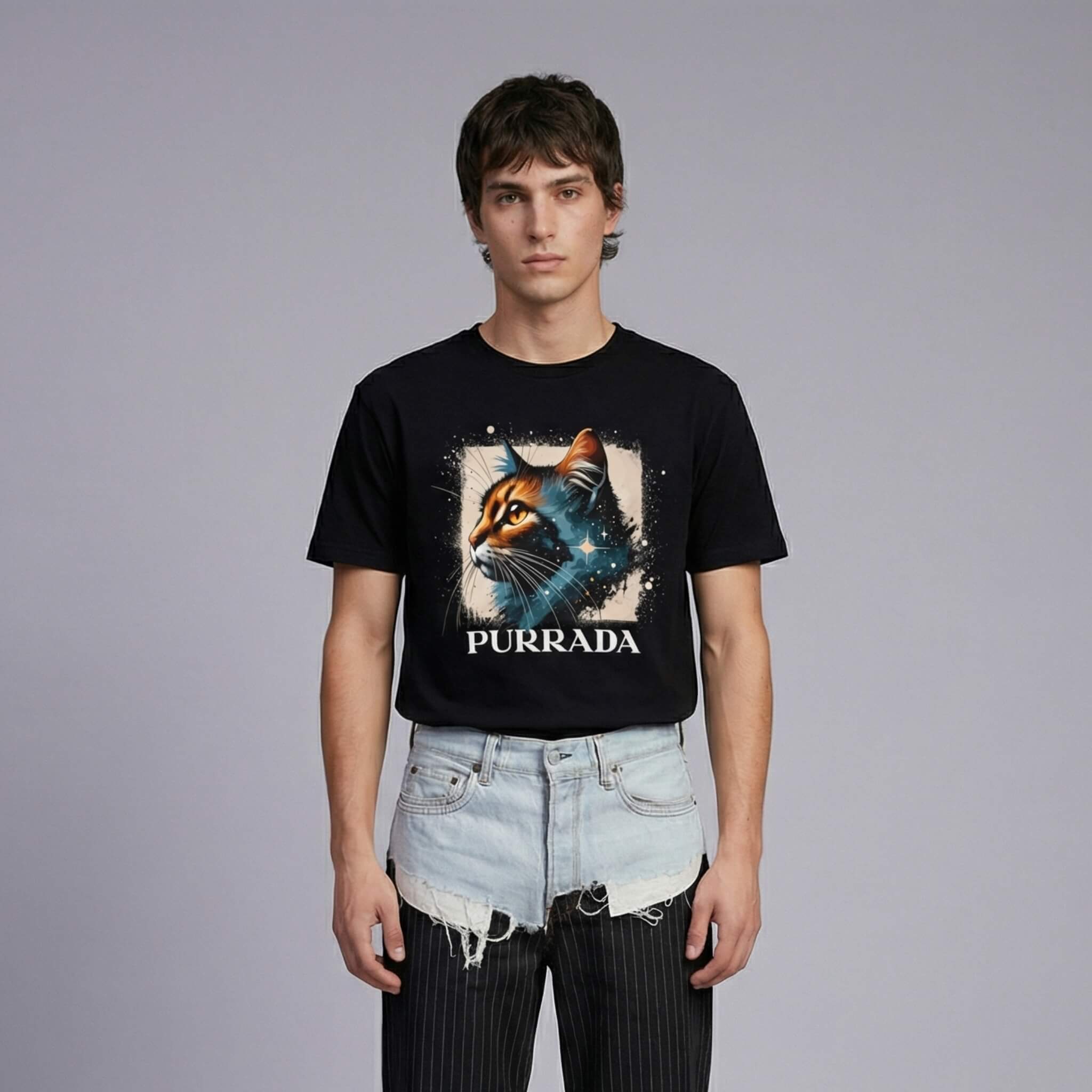 Purrada Cosmic Gaze cat t shirt for cat lovers by Mad Cat Cartel in black worn by man model