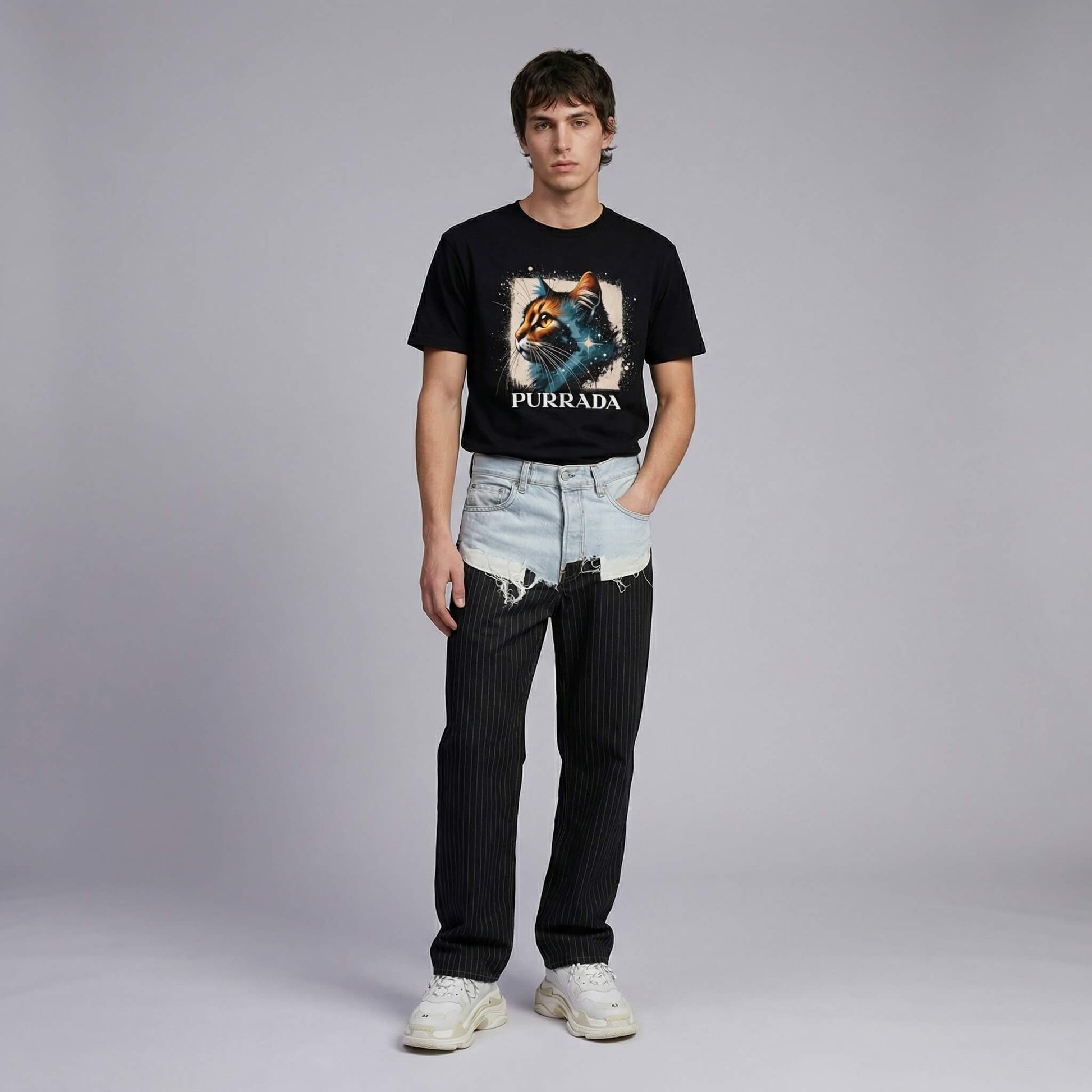 Purrada Cosmic Gaze graphic tee by Mad Cat Cartel in black worn by man model full body