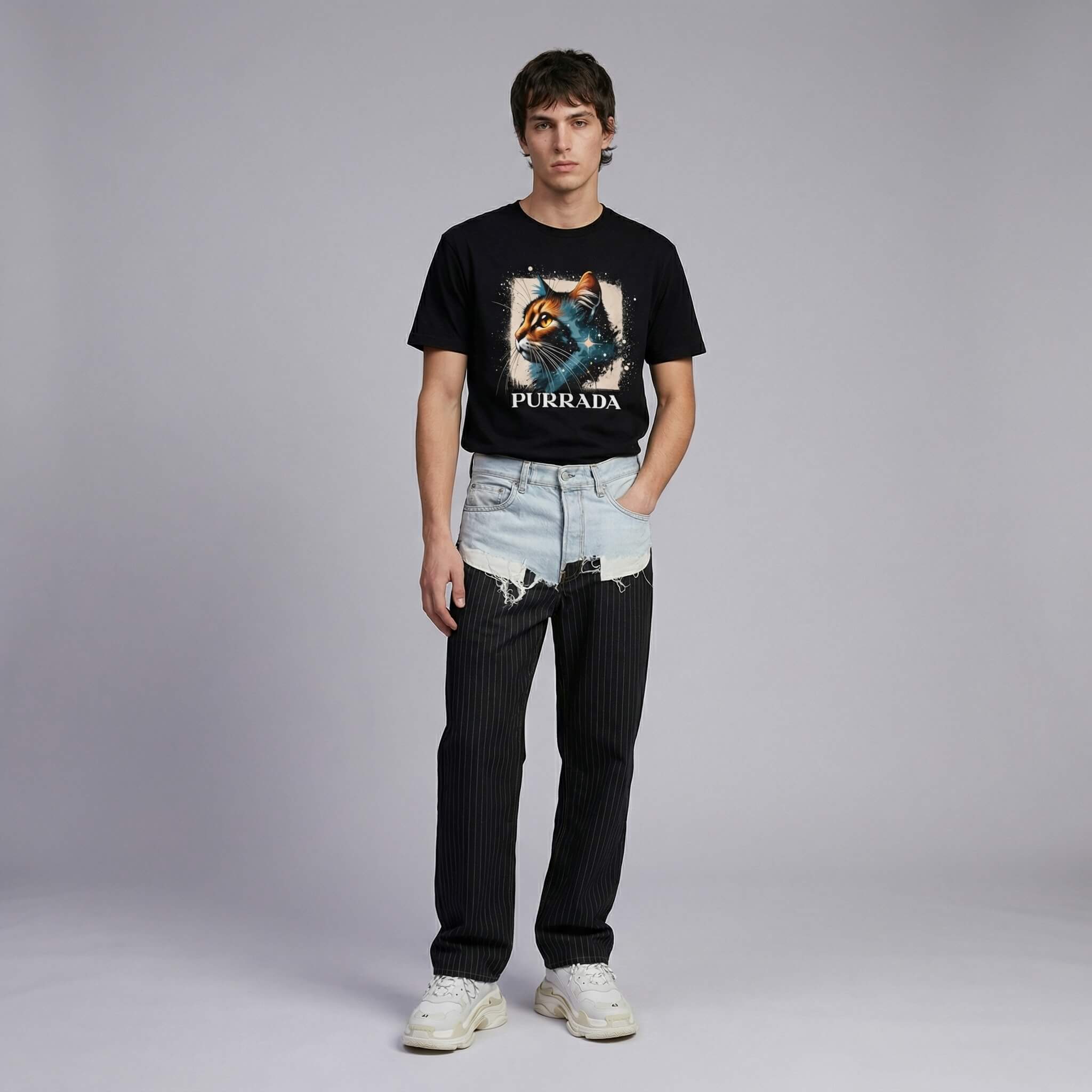 Purrada Cosmic Gaze graphic tee by Mad Cat Cartel in black worn by man model full body