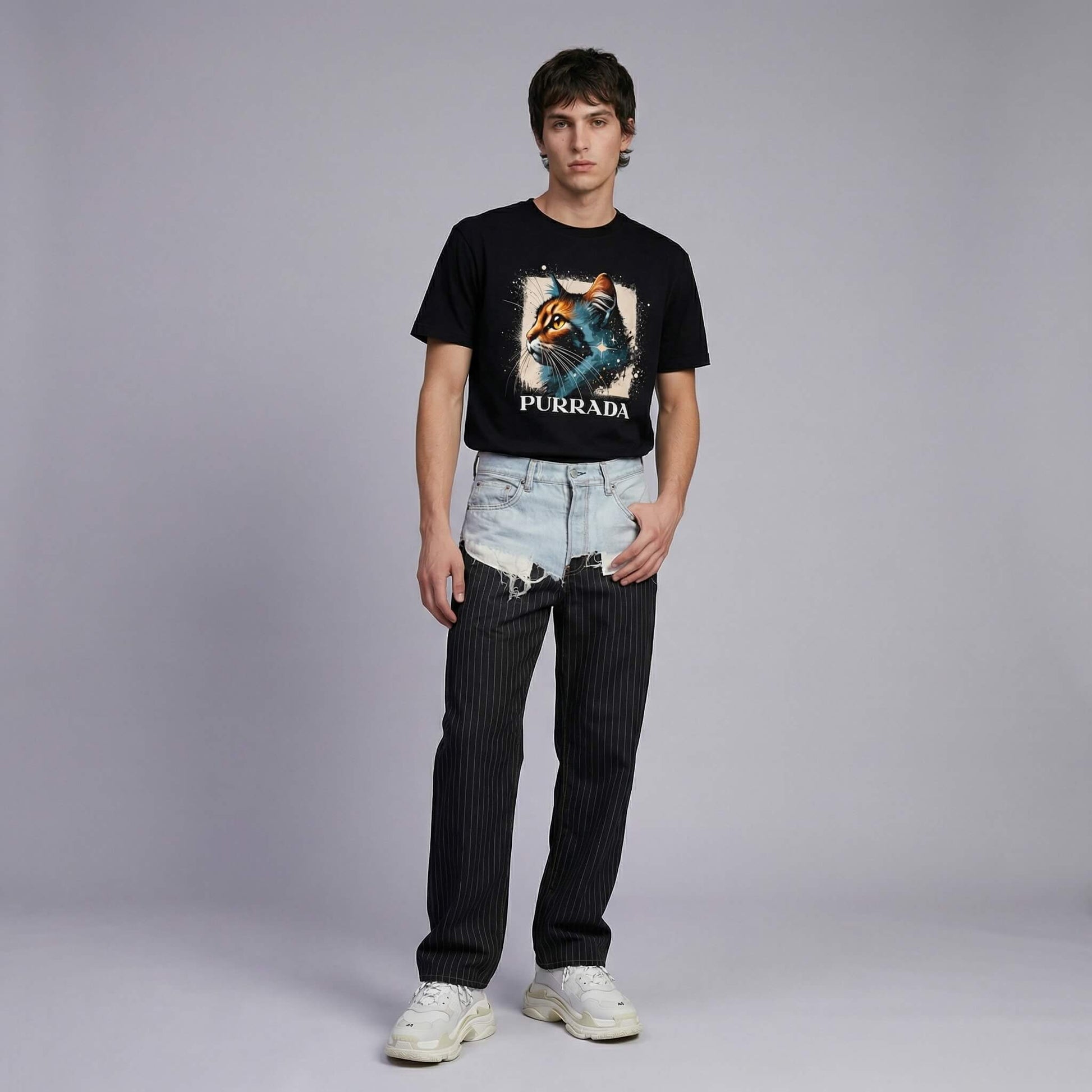 Purrada Cosmic Gaze cat lover gift shirt by Mad Cat Cartel in black worn by man model standing
