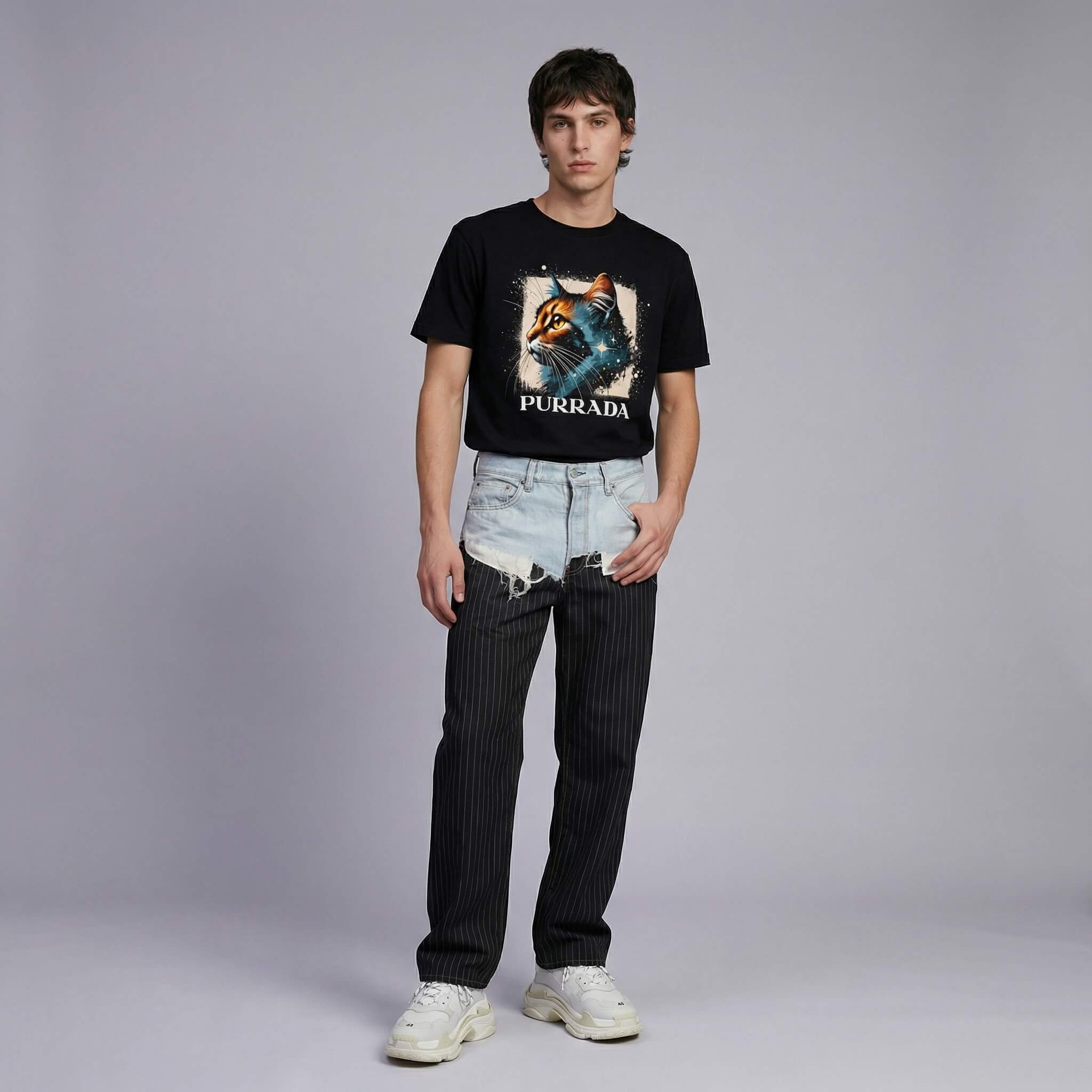 Purrada Cosmic Gaze cat lover gift shirt by Mad Cat Cartel in black worn by man model standing
