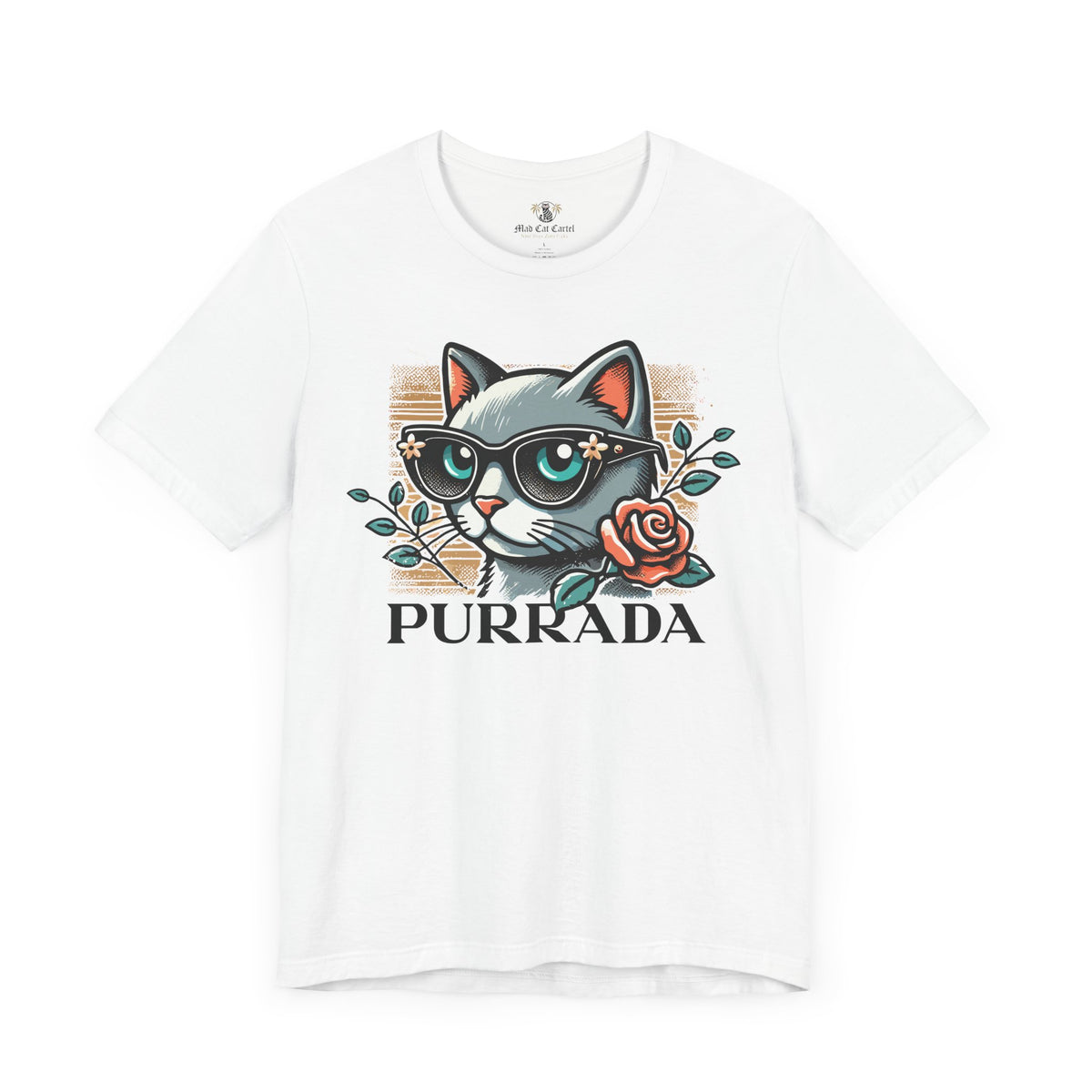 Purrada Designer Bloom Cat Graphic White T-Shirt, front view