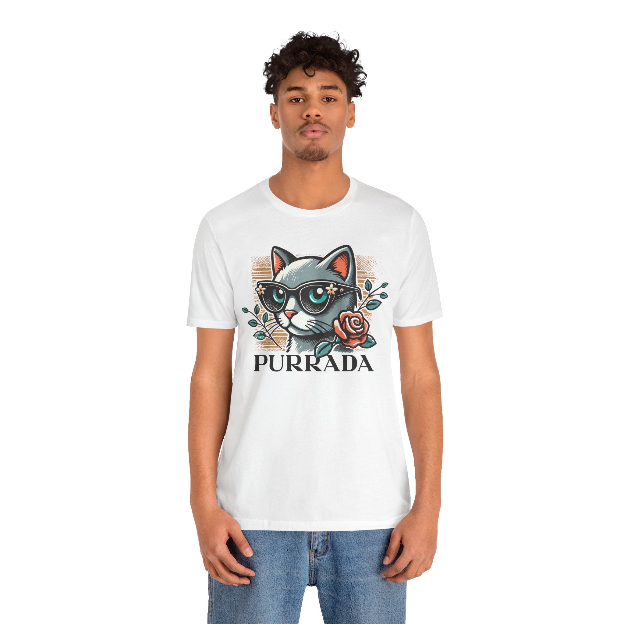 Purrada Designer Bloom Cat Graphic White T-Shirt, worn by a male model
