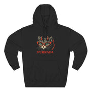 Purrada Devil Cat Graphic Black Hoodie, flat lay