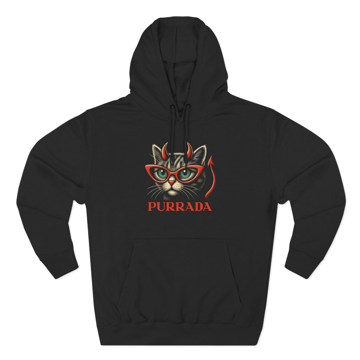 Purrada Devil Cat Graphic Black Hoodie, flat lay