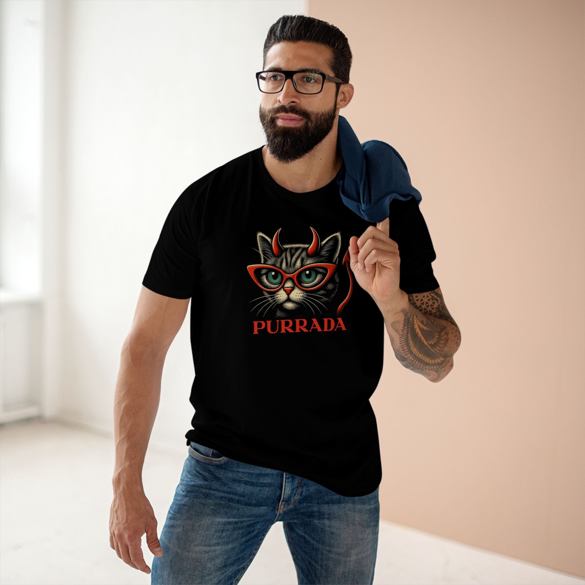 Purrada Devil Cat Graphic Black T-Shirt, worn by a male model