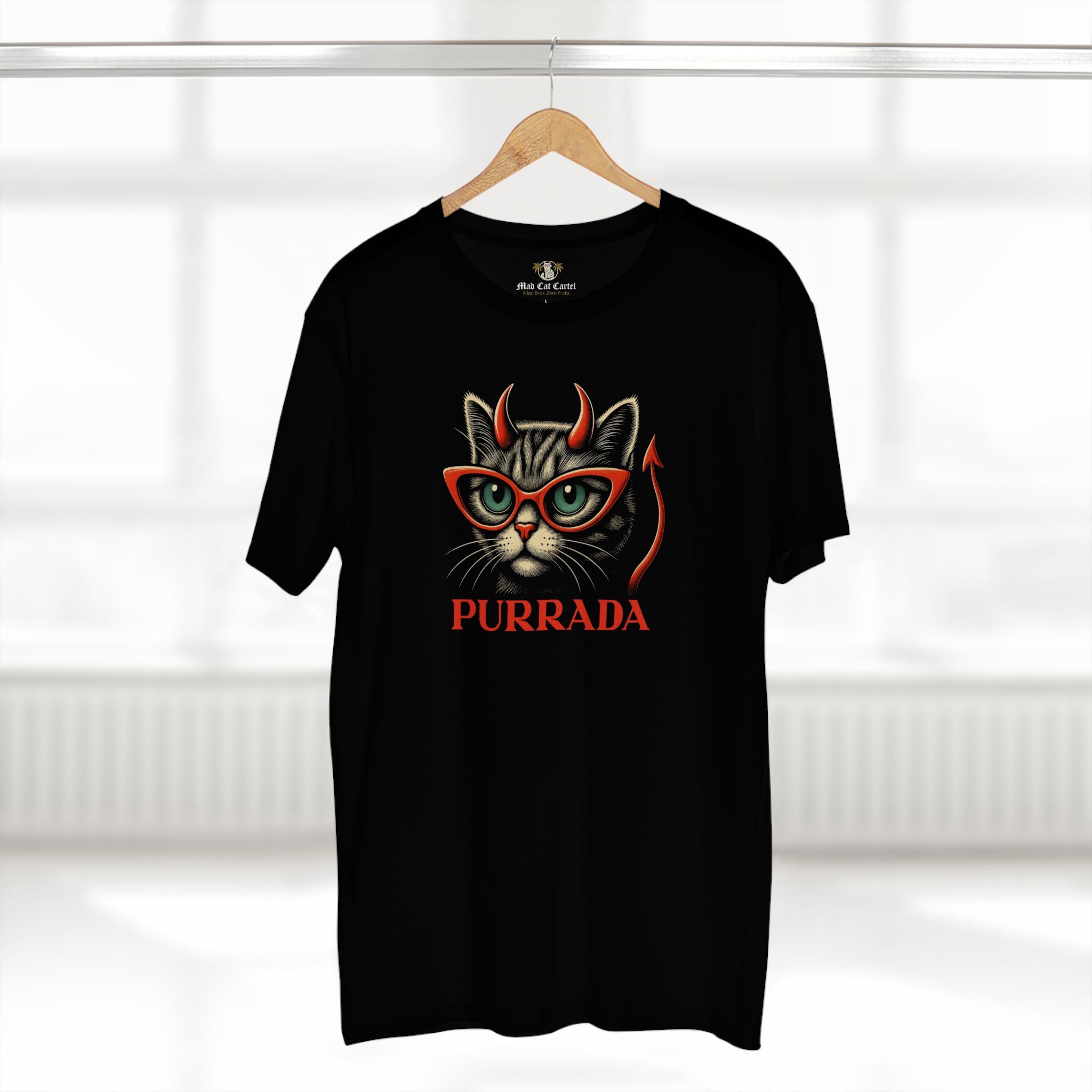 Purrada Devil Cat Graphic Black T-Shirt, on a hanger