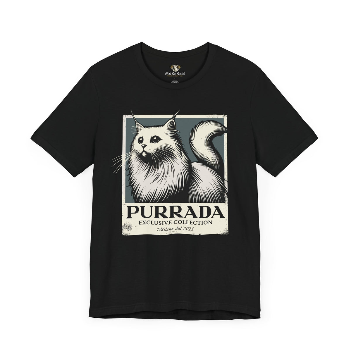 Purrada Exclusive Milano Cat Graphic T-Shirt in black, front view