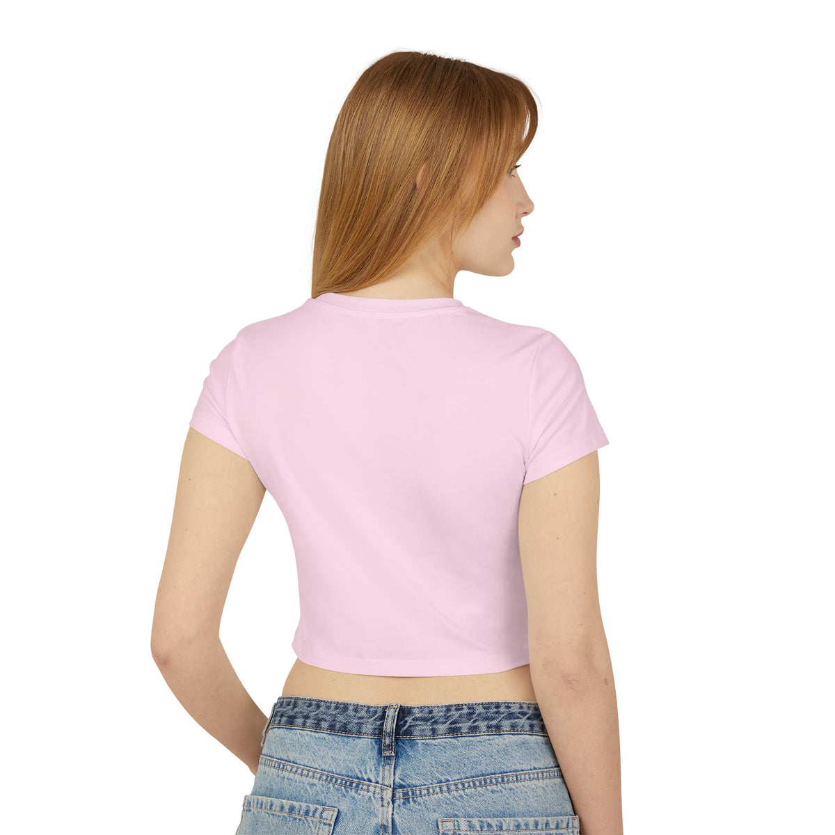 Purrada Flower-Crowned Cat Graphic Women's Baby T-Shirt in light pink, back view on a female model