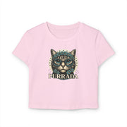 Purrada Flower-Crowned Cat Graphic Women's Baby T-Shirt in light pink, front view