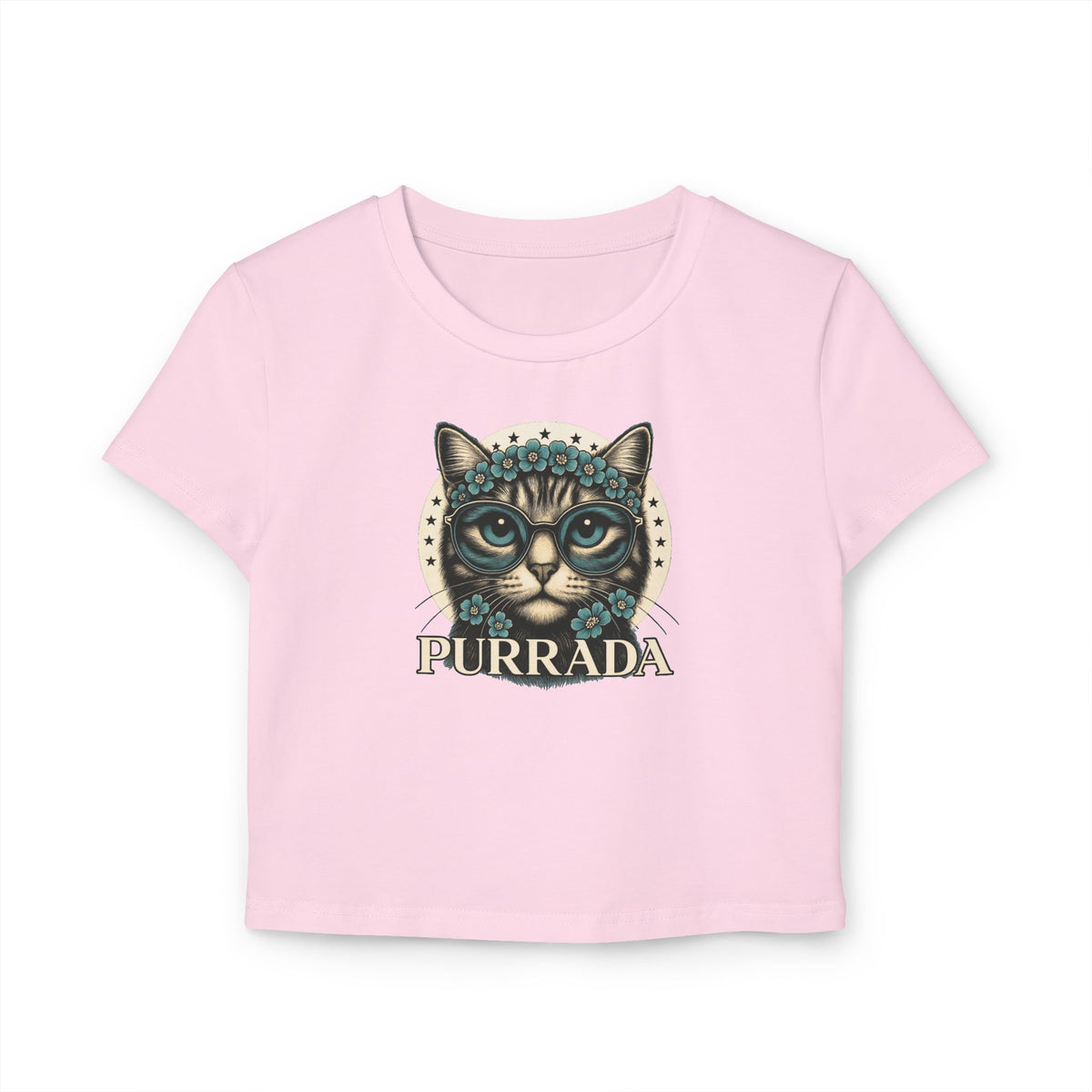 Purrada Flower-Crowned Cat Graphic Women's Baby T-Shirt in light pink, front view