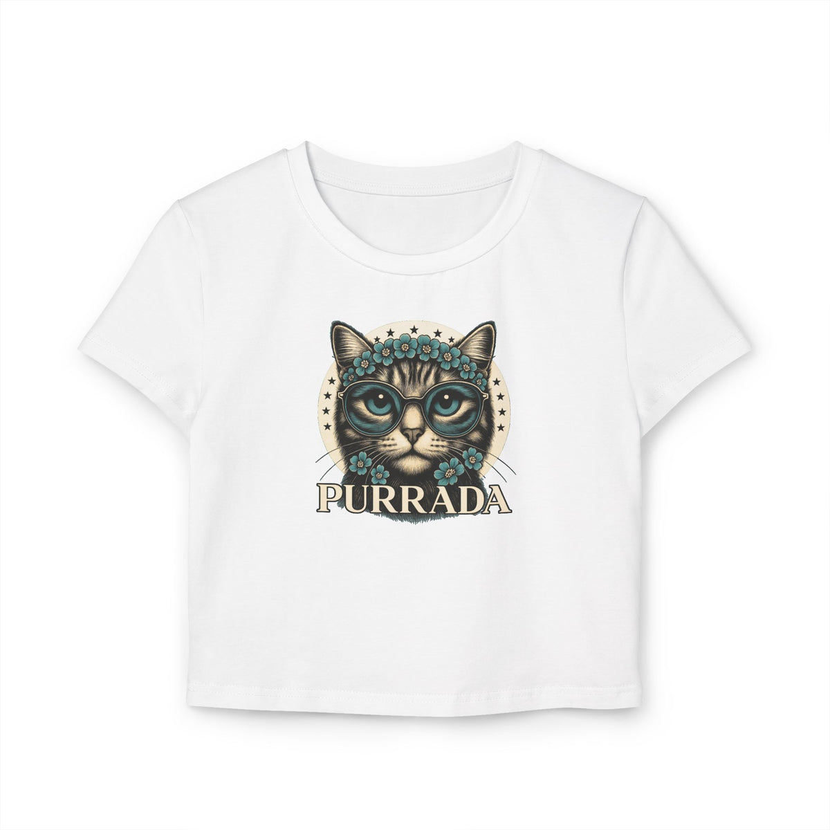 Purrada Flower-Crowned Cat Graphic Women's Baby T-Shirt in white, front view