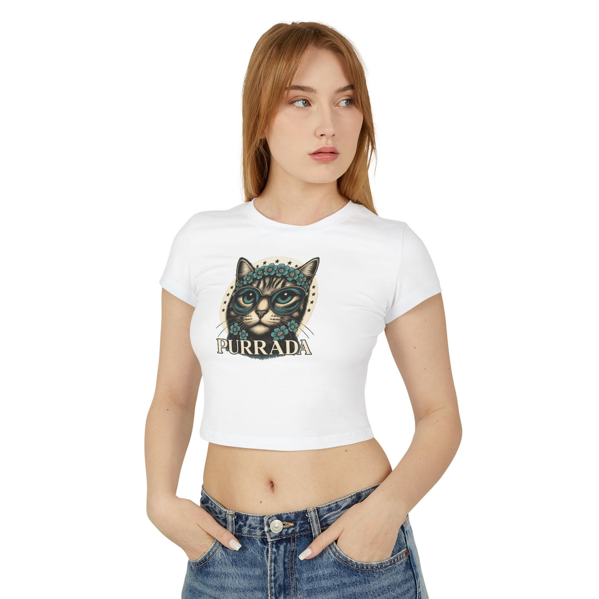Purrada Flower-Crowned Cat Graphic Women's Baby T-Shirt in white, worn by a model