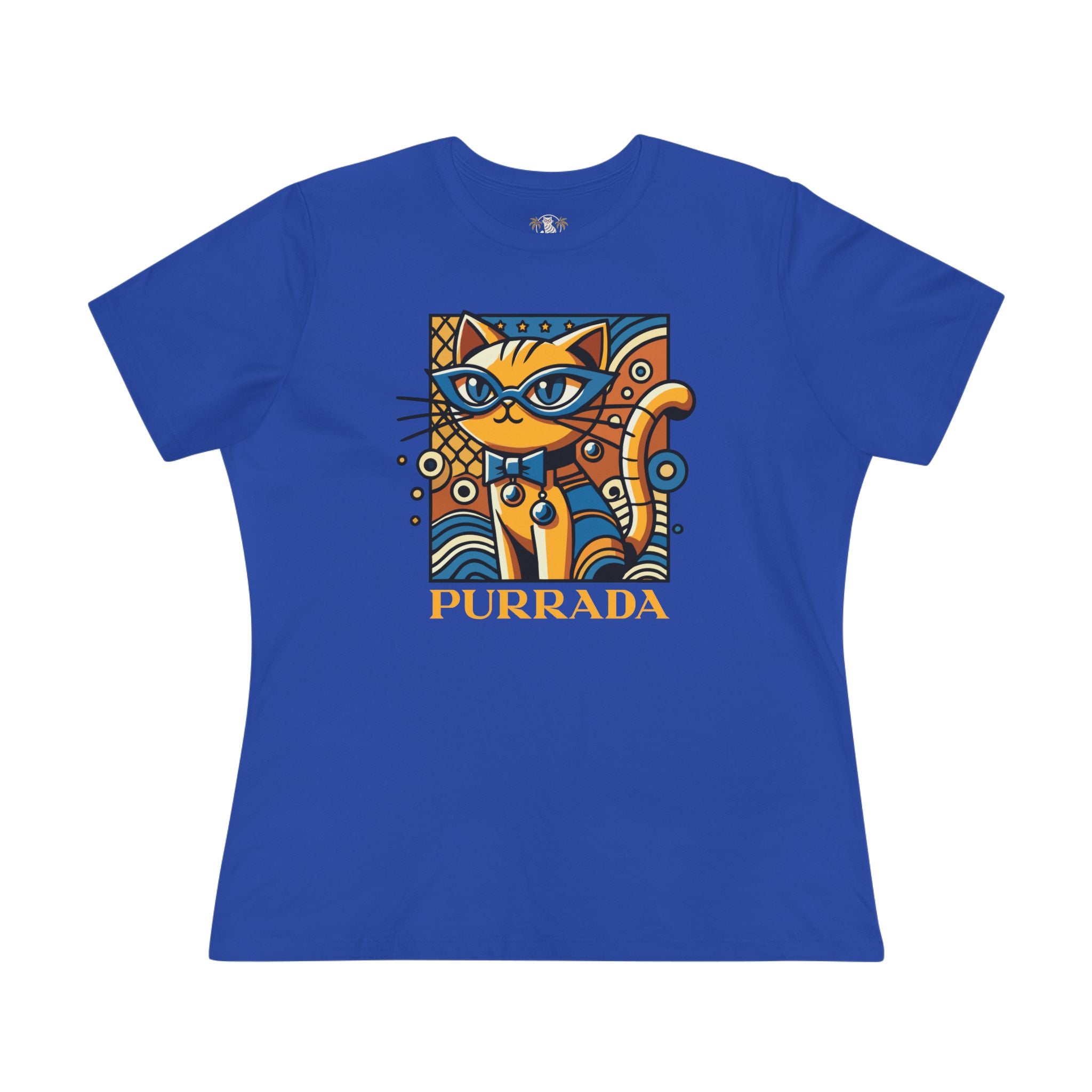 Purrada Gold Standard Cat Graphic Women's T-Shirt in true royal, front view