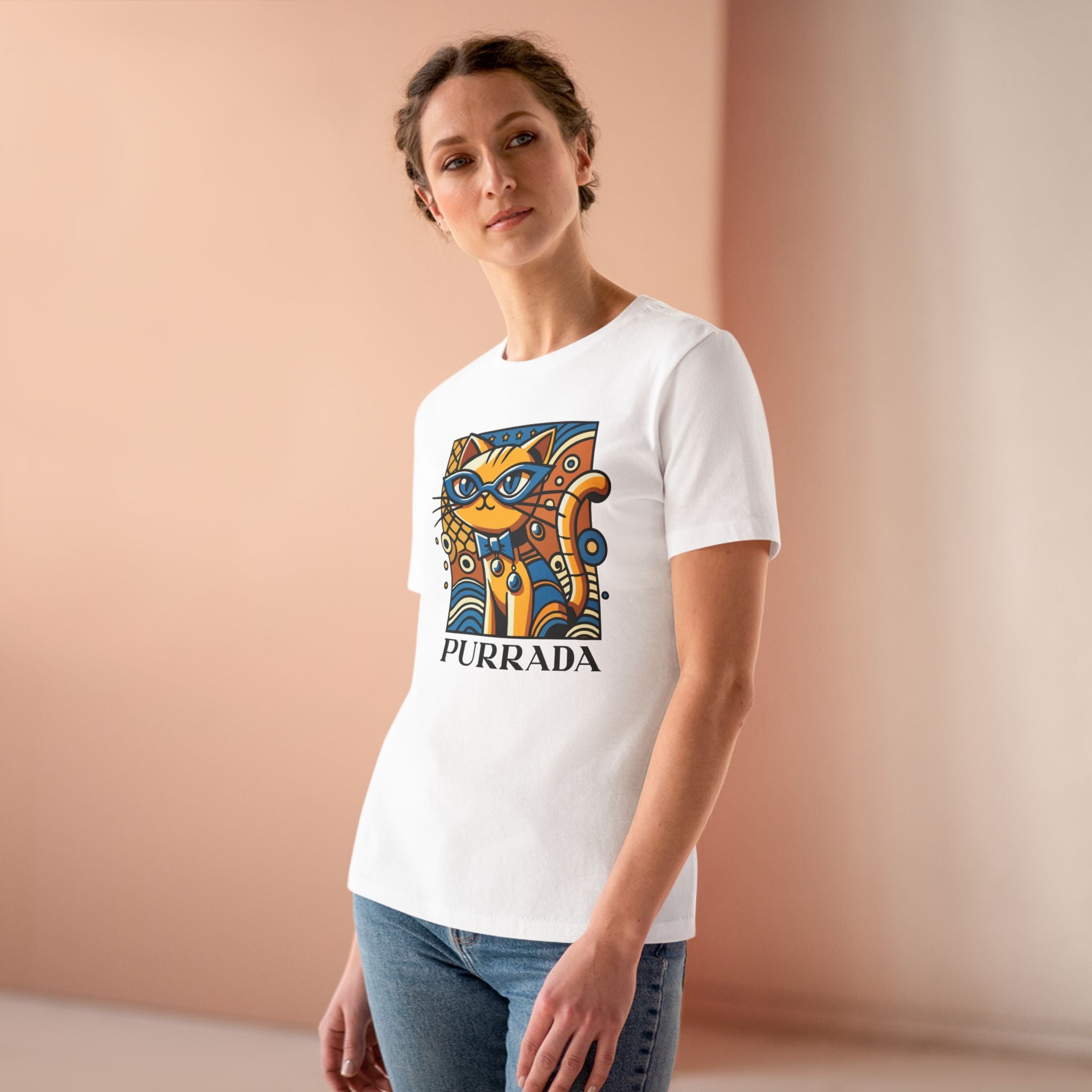 Purrada Gold Standard Cat Graphic Women's T-Shirt in white, worn by a female model