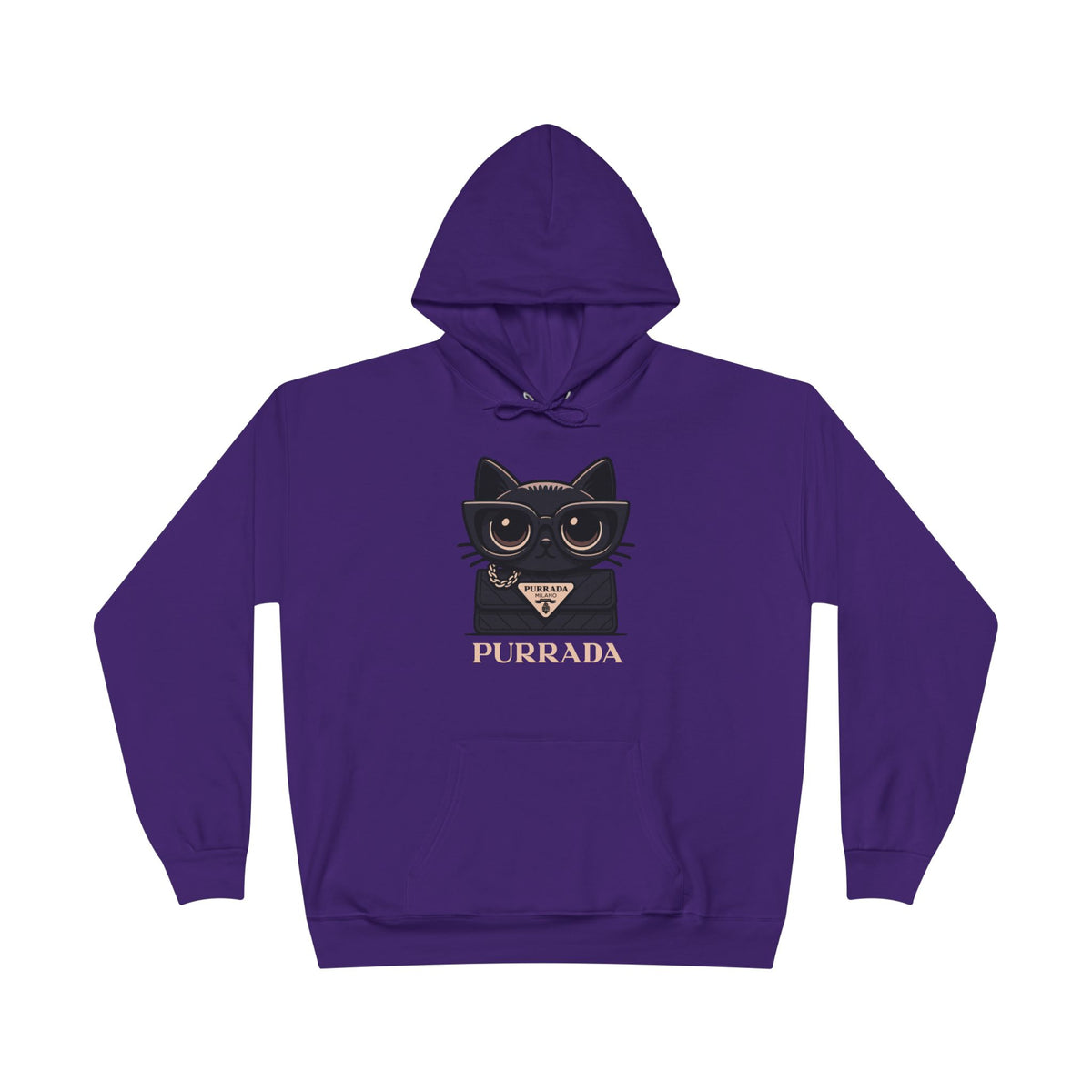 Purrada Noir Bag Cat Graphic Hoodie in athletic purple, front view