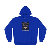 Purrada Noir Bag Cat Graphic Hoodie in athletic royal, front view
