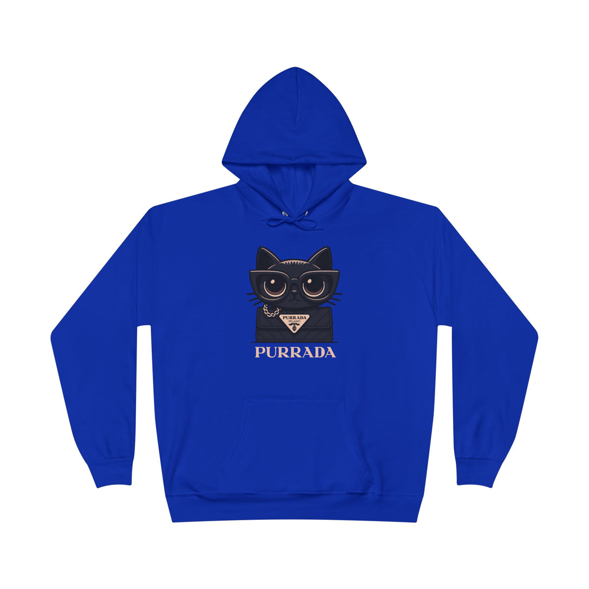 Purrada Noir Bag Cat Graphic Hoodie in athletic royal, front view