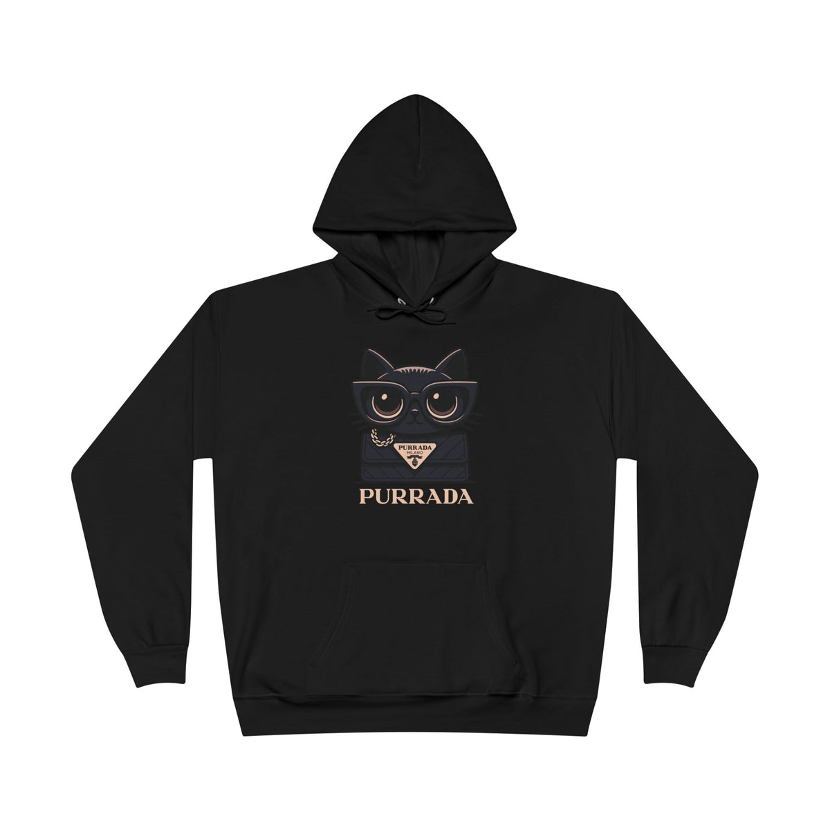 Purrada Noir Bag Cat Graphic Hoodie in black, front view