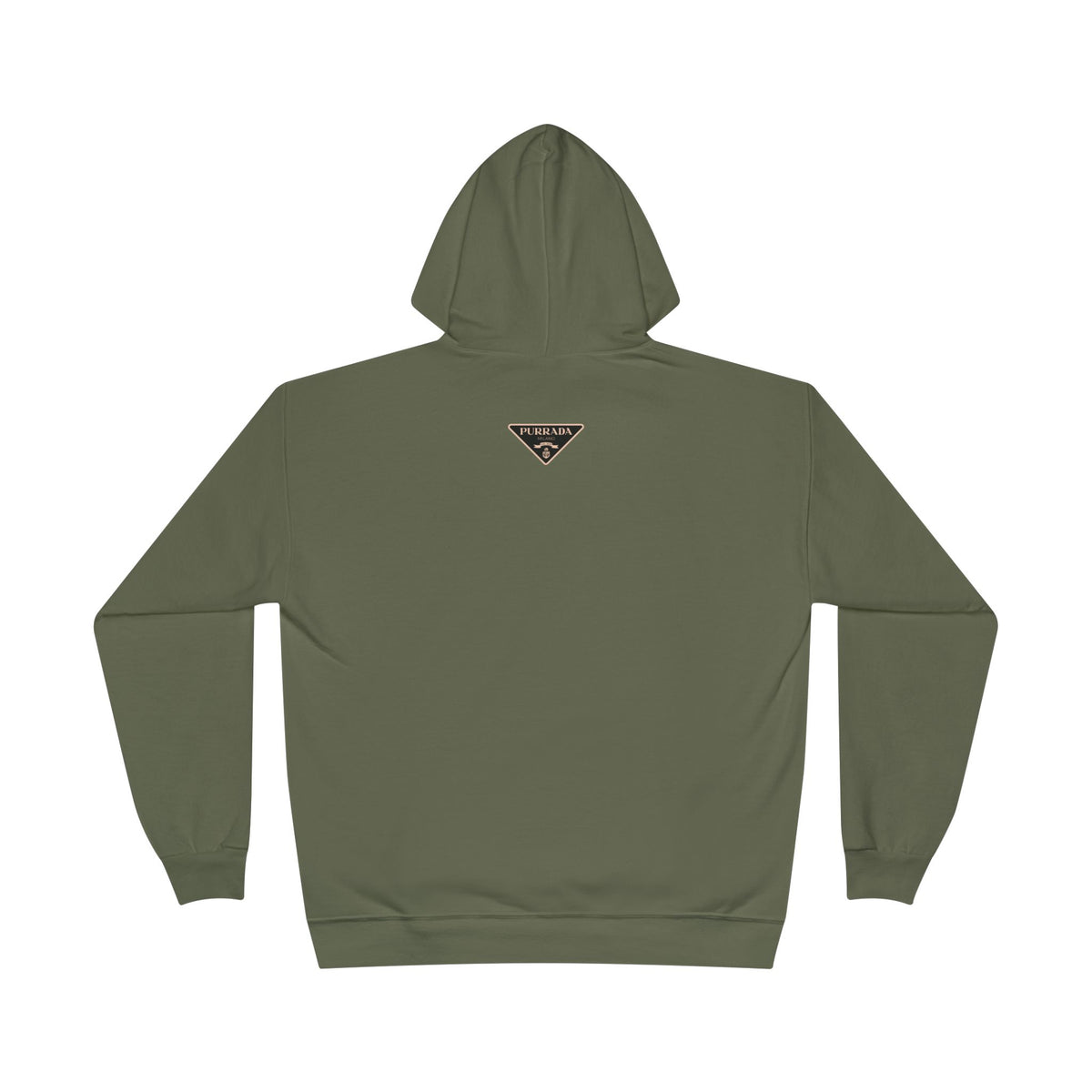 Purrada Noir Bag Cat Graphic Hoodie in fatigue green, back view