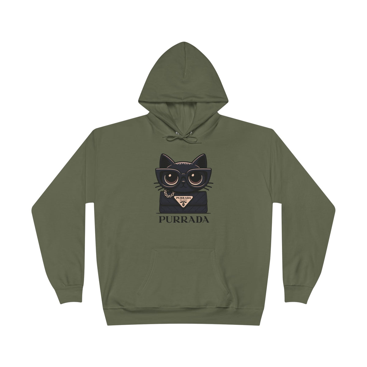 Purrada Noir Bag Cat Graphic Hoodie in fatigue green, front view