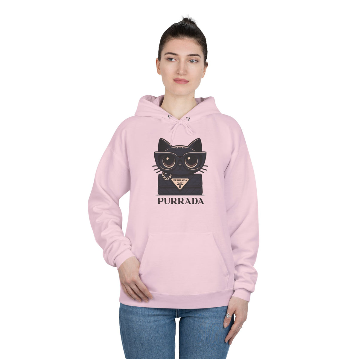 Purrada Noir Bag Cat Graphic Hoodie in pale pink, worn by a female model