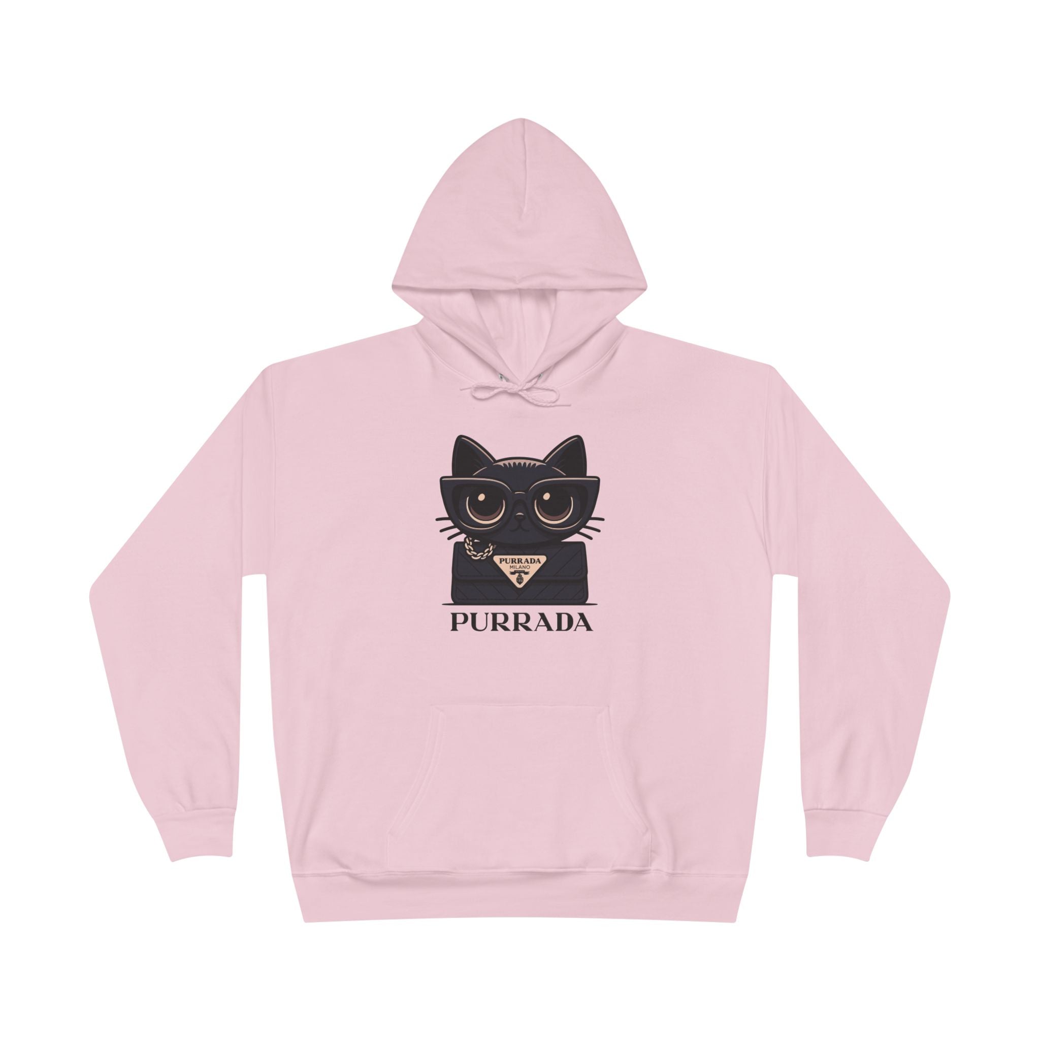 Purrada Noir Bag Cat Graphic Hoodie in pale pink, front view