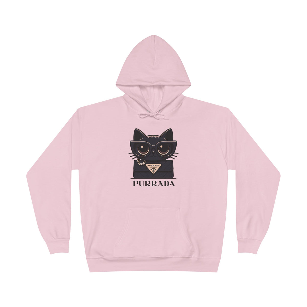 Purrada Noir Bag Cat Graphic Hoodie in pale pink, front view