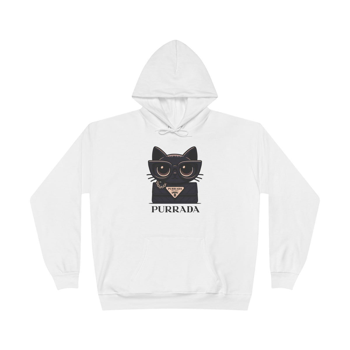 Purrada Noir Bag Cat Graphic Hoodie in white, front view