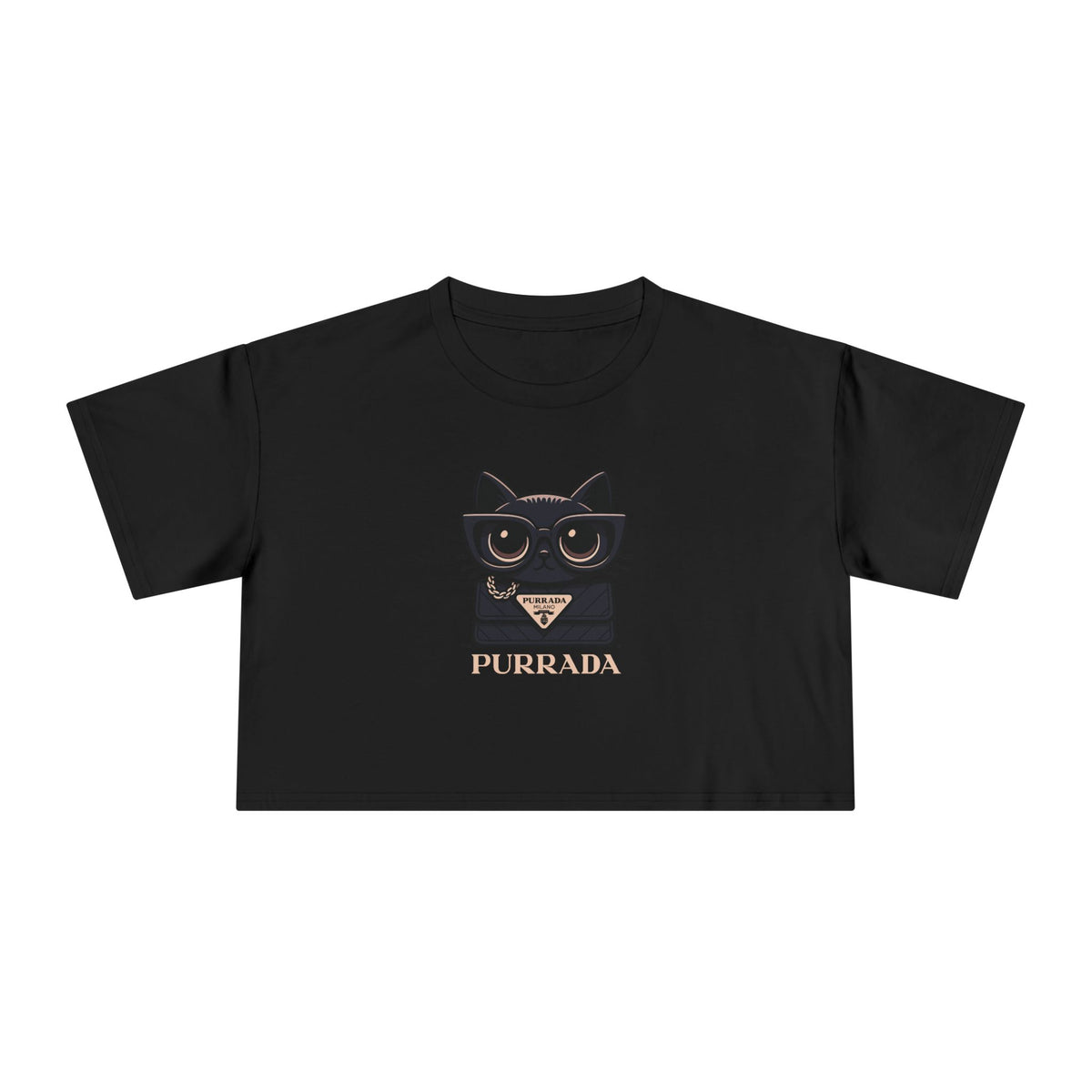 Purrada Noir Bag Cat Graphic Women's Crop Tee in black, front view