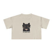 Purrada Noir Bag Cat Graphic Women's Crop Tee in bone, front view