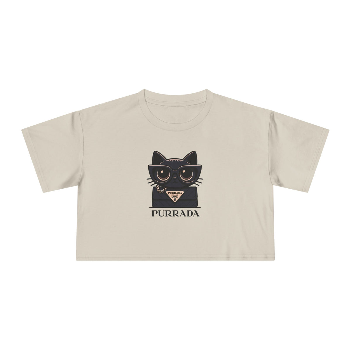 Purrada Noir Bag Cat Graphic Women's Crop Tee in bone, front view