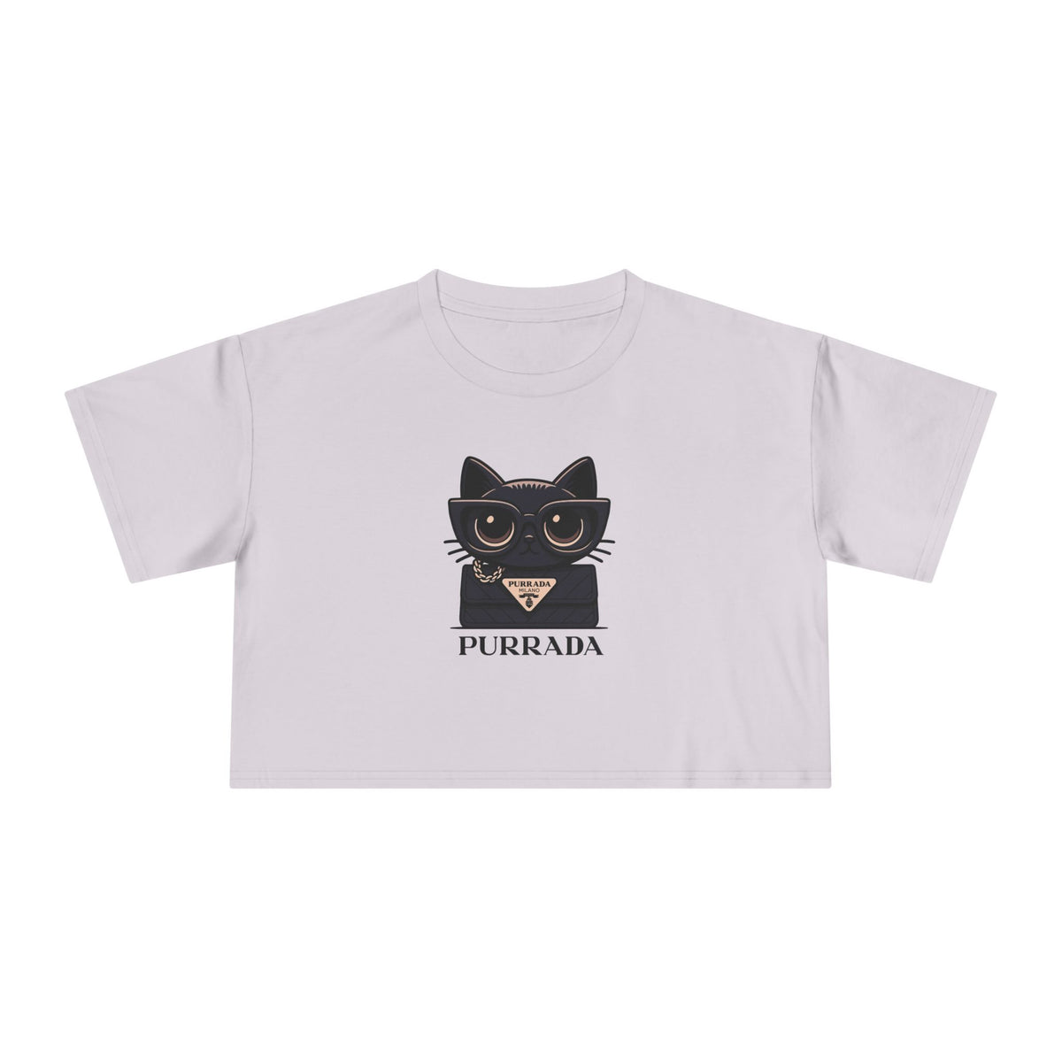Purrada Noir Bag Cat Graphic Women's Crop Tee in orchid, front view