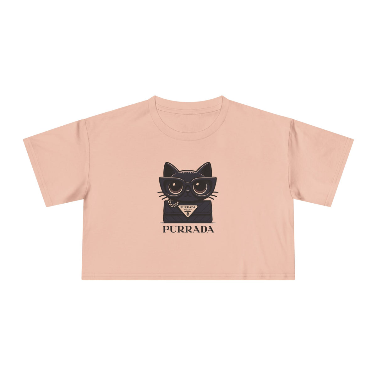 Purrada Noir Bag Cat Graphic Women's Crop Tee in pale pink, front view