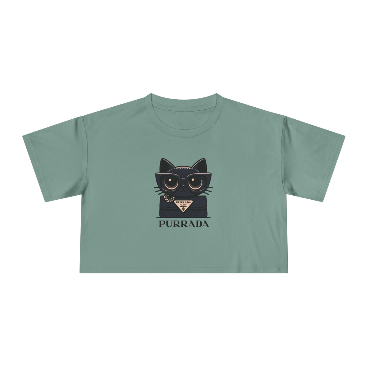 Purrada Noir Bag Cat Graphic Women's Crop Tee in sage, front view