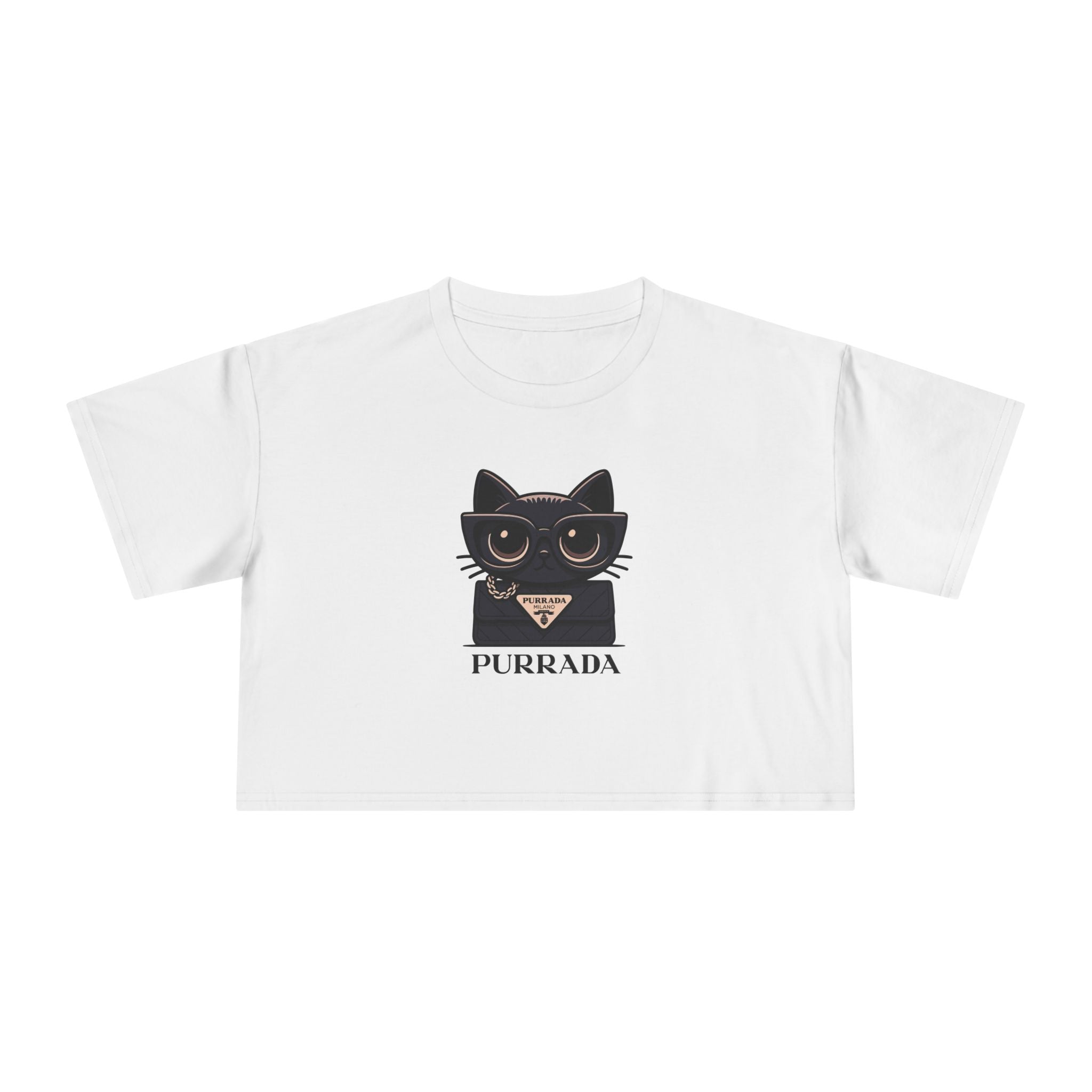 Purrada Noir Bag Cat Graphic Women's Crop Tee in white, front view