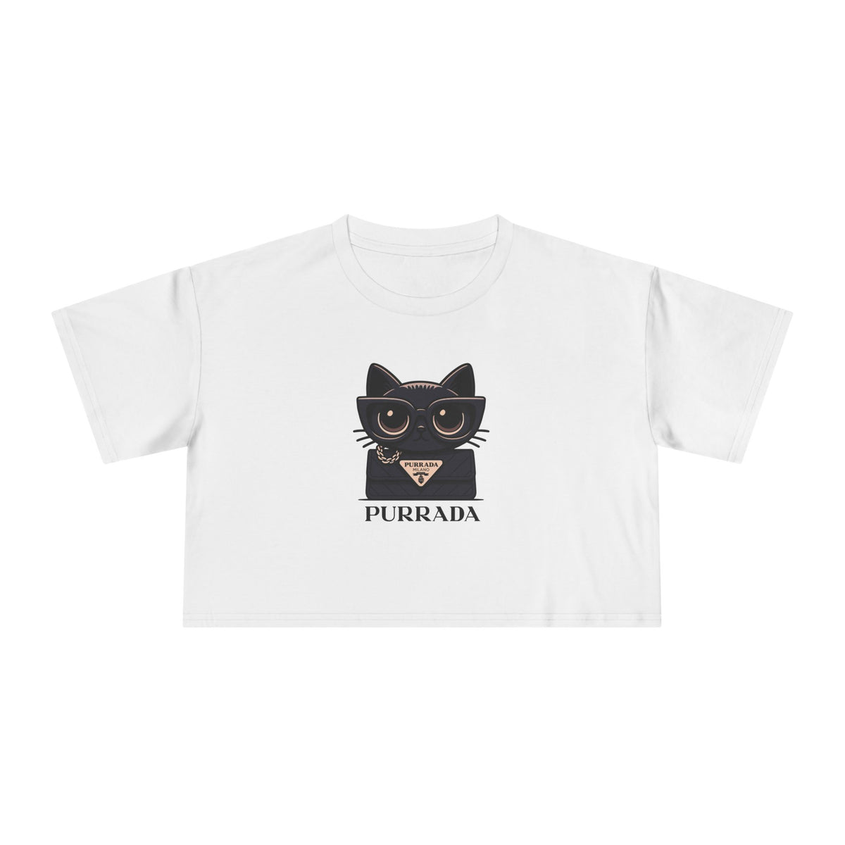 Purrada Noir Bag Cat Graphic Women's Crop Tee in white, front view