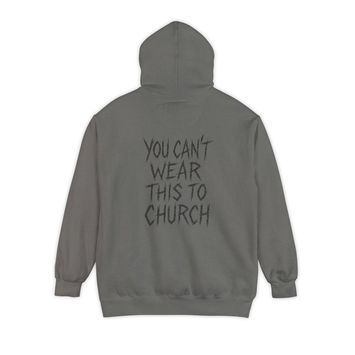 Purrada This Ain't Churchwear Cat Graphic Hoodie in grey, back view