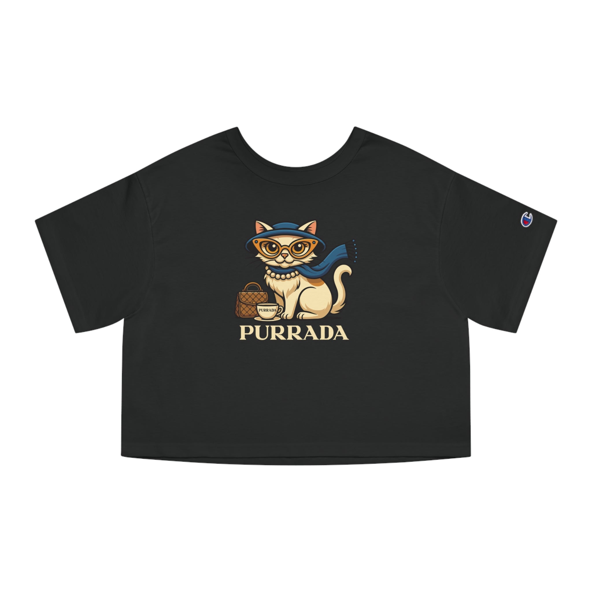 Purrada Feline Elegance Women's Cropped Top in black, front view