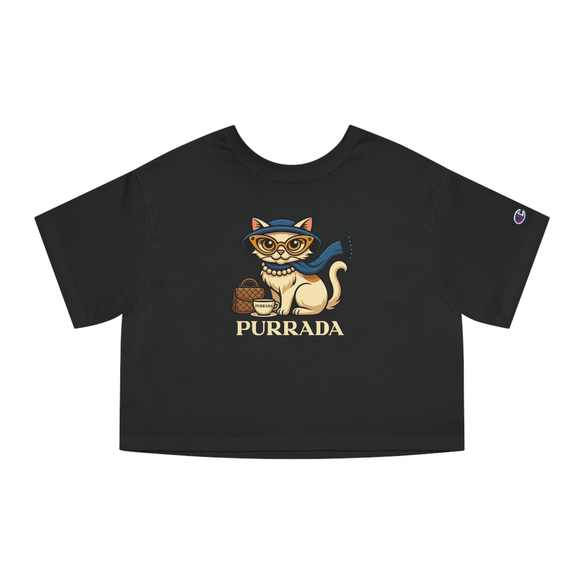 Purrada x Champion Feline Elegance Women's Cropped Top in black, front view