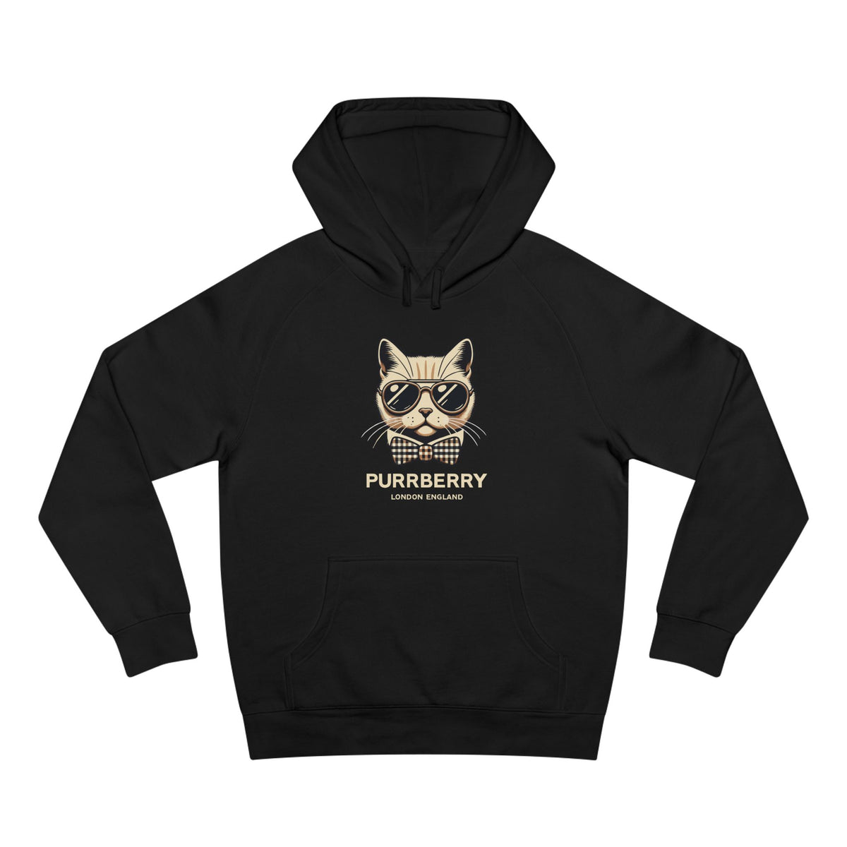 Purrberry Bowtie Icon Cat Graphic Hoodie in black, front view